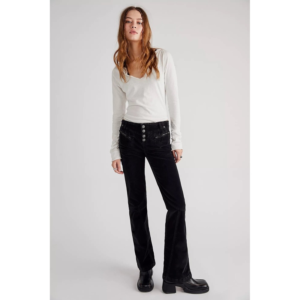Free People Hit Back Slim Flare Velvet Pants Black Retro‎ Boho Size 12 stretch